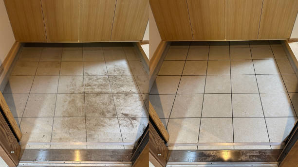 Before and after, cleaning of the dirty ceramic tiles