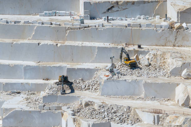 white marble extracted from mountains and hills, processed with large construction equipment.