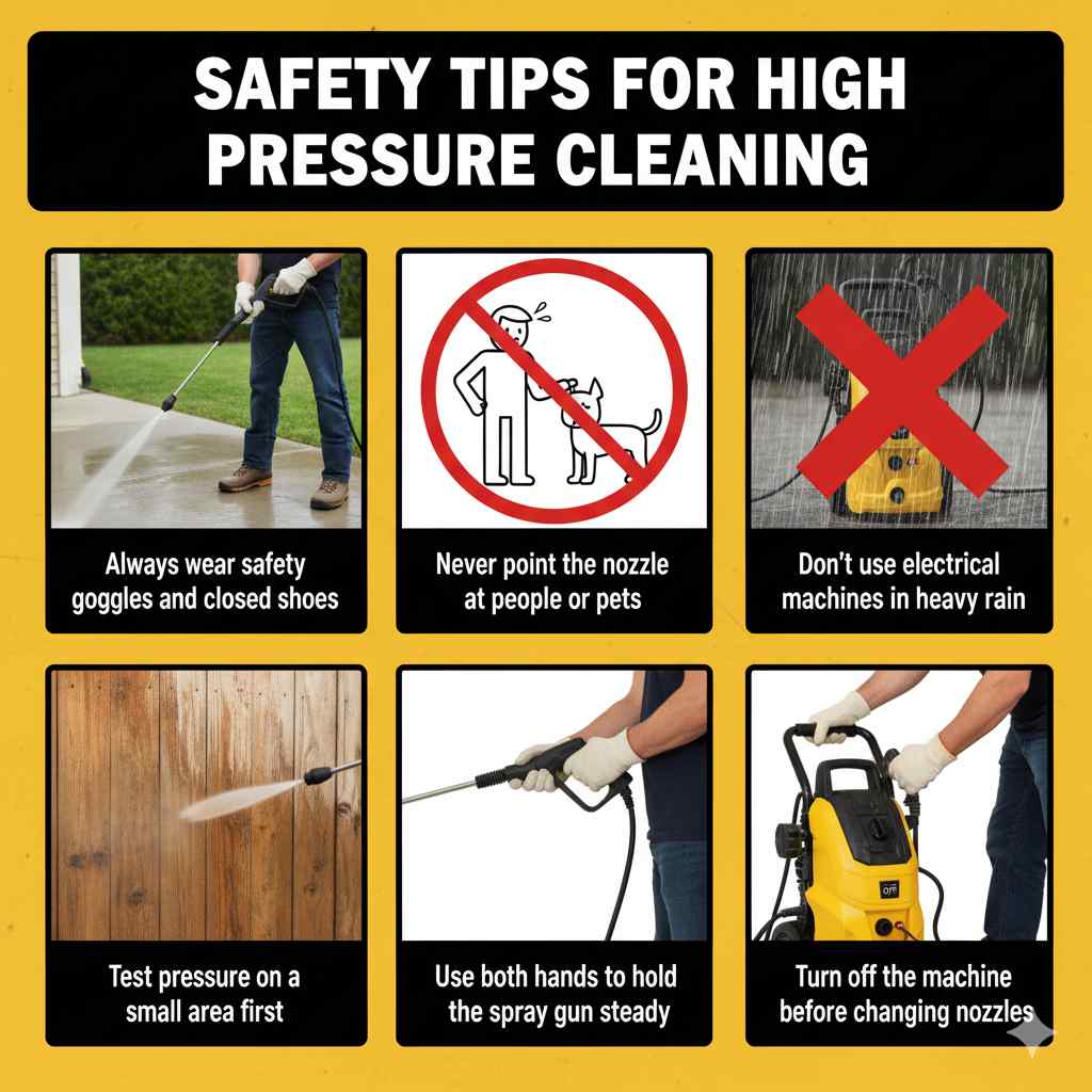 Safety tips for high pressure cleaning showing proper use of washer, protective gear, and safe operation steps – Westlink Construction Cleaning Sydney.