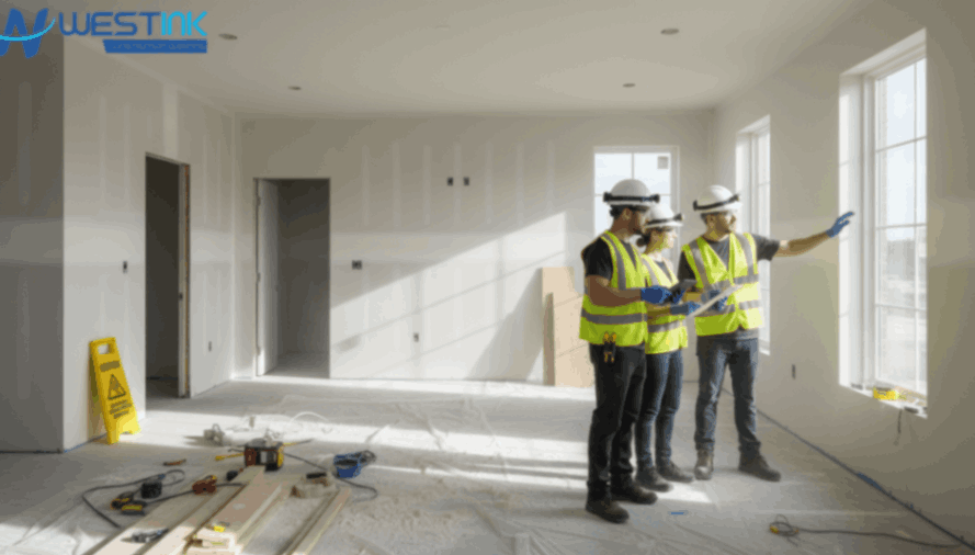 Cleaners in safety gear inspecting a dusty newly finished construction site.