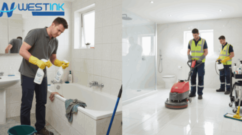 Split view showing DIY bathroom cleaning versus professional cleaning with advanced tools.