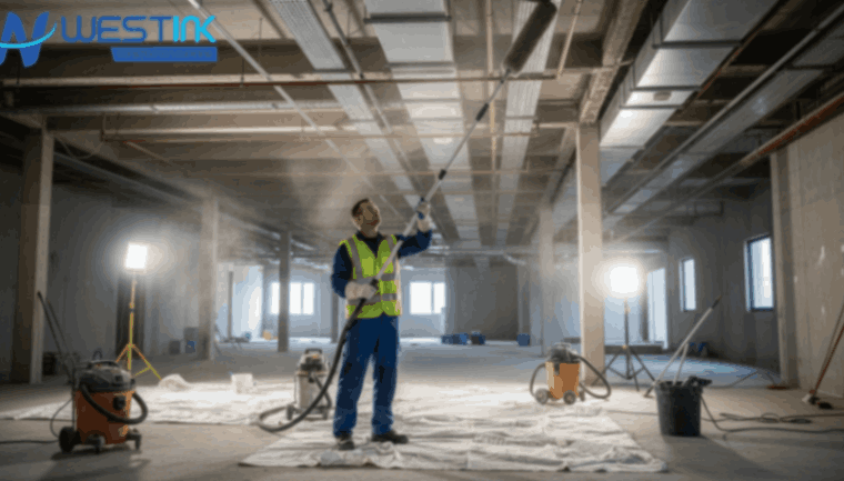 Cleaner removing dust from post-construction ceiling using long-reach tools.