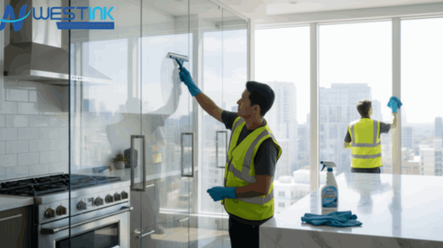 Person cleaning glass surfaces in a modern kitchen or bathroom with a squeegee and cloths.