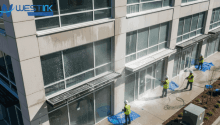 Cleaners removing dust and grime from a commercial building exterior with pressure washing.