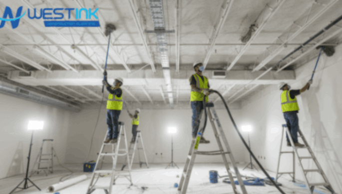 A post-construction interior where professional cleaners are actively cleaning dusty ceilings. Show workers on ladders using long-reach dusters, HEPA vacuums with extension wands, and microfiber cloths to remove drywall dust and debris. Include safety gear such as goggles, gloves, and masks. Ceiling surfaces should show visible dust before cleaning, with clean sections showing progress. Background includes construction residues like plastic sheets, light debris, and renovation tools. Style: ultra-realistic, high detail, bright lighting, clean professional environment.