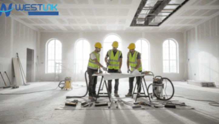 Cleaners preparing tools to clean dusty post-construction ceilings.
