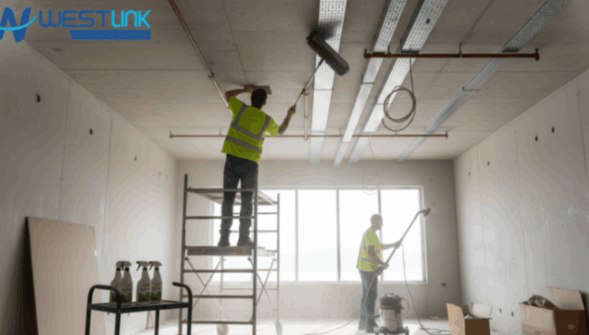 Eco-friendly cleaning of post-construction ceiling dust with microfiber dusters and HEPA vacuums.