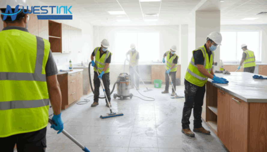Professional cleaners removing dust and debris from a post-renovation construction site.