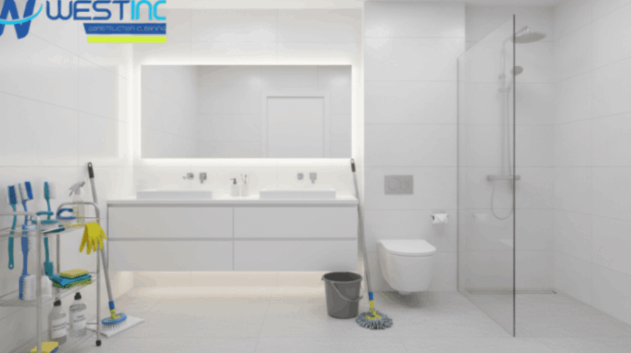 Bathroom cleaning tools arranged in a clean modern bathroom.