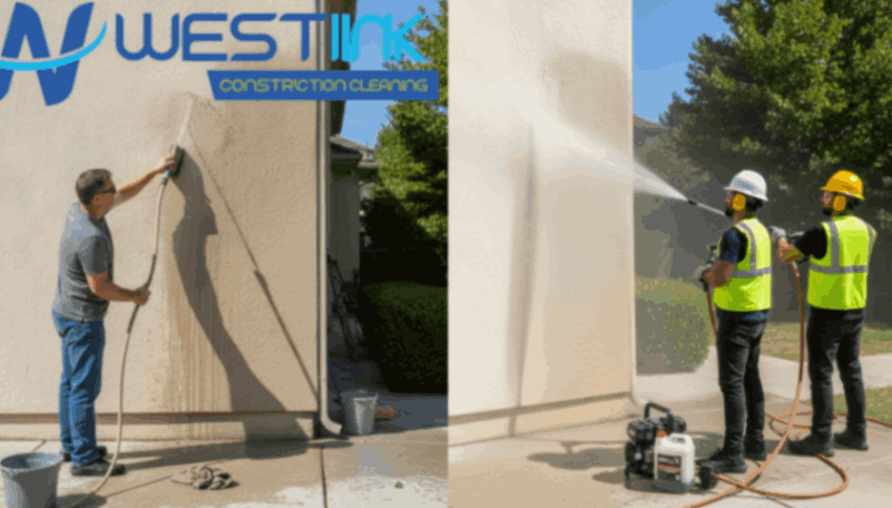 Split view showing DIY exterior cleaning versus professional pressure washing.