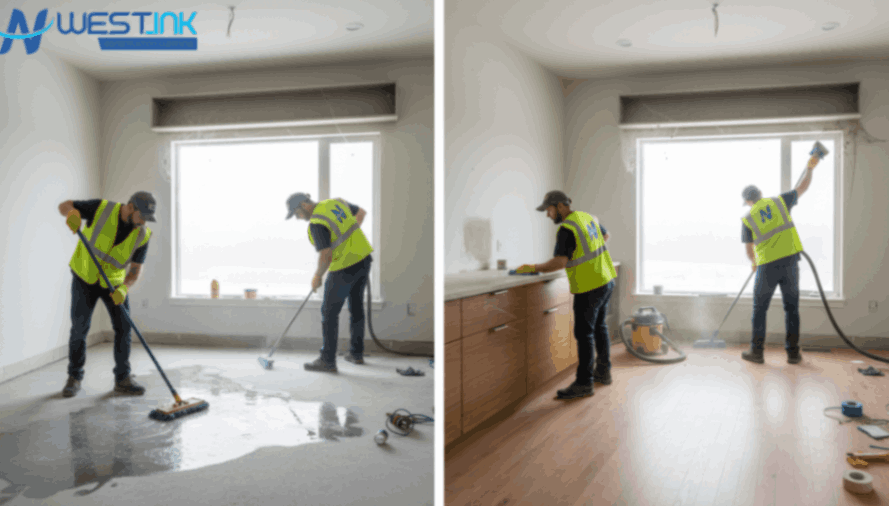 Construction site showing cleaning mistakes with a professional demonstrating correct techniques.