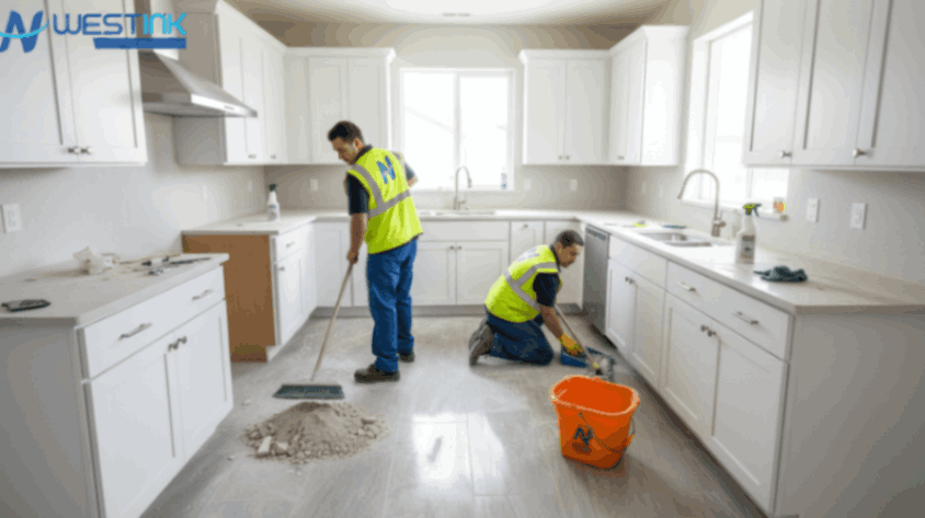 Workers cleaning dust and debris from a newly constructed kitchen.